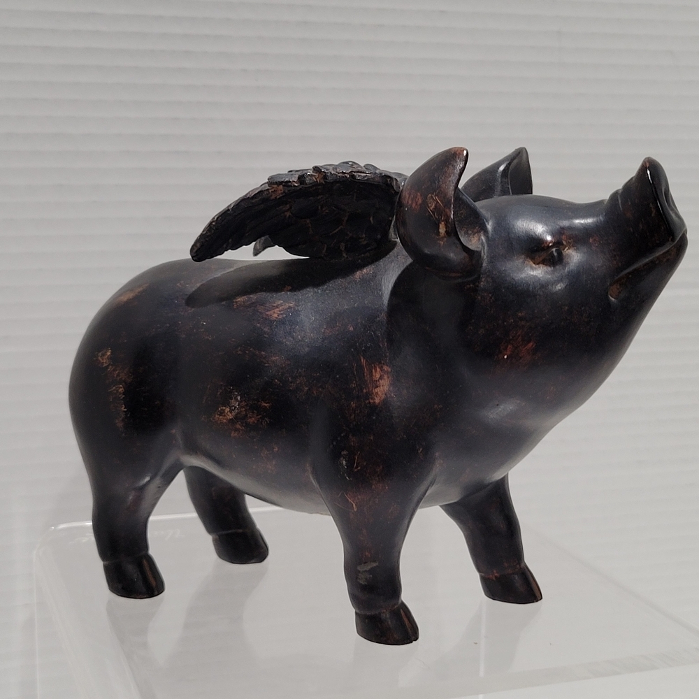 Pig Flying Sculpture Statue Dark Finish Resin Decor Vtg Country Farm - Picture 4 of 15